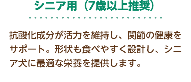  シニア用（7歳以上推奨） 抗酸化成分が活力を維持し、関節の健康をサポート。形状も食べやすく設計し、シニア犬に最適な栄養を提供します。